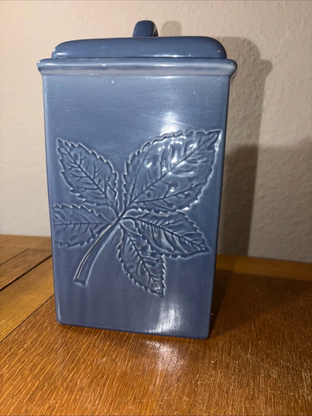 Vintage Lillian Vernon Kitchen Canister Blue Embossed Leaf Ceramic 11” - Picture 2 of 10